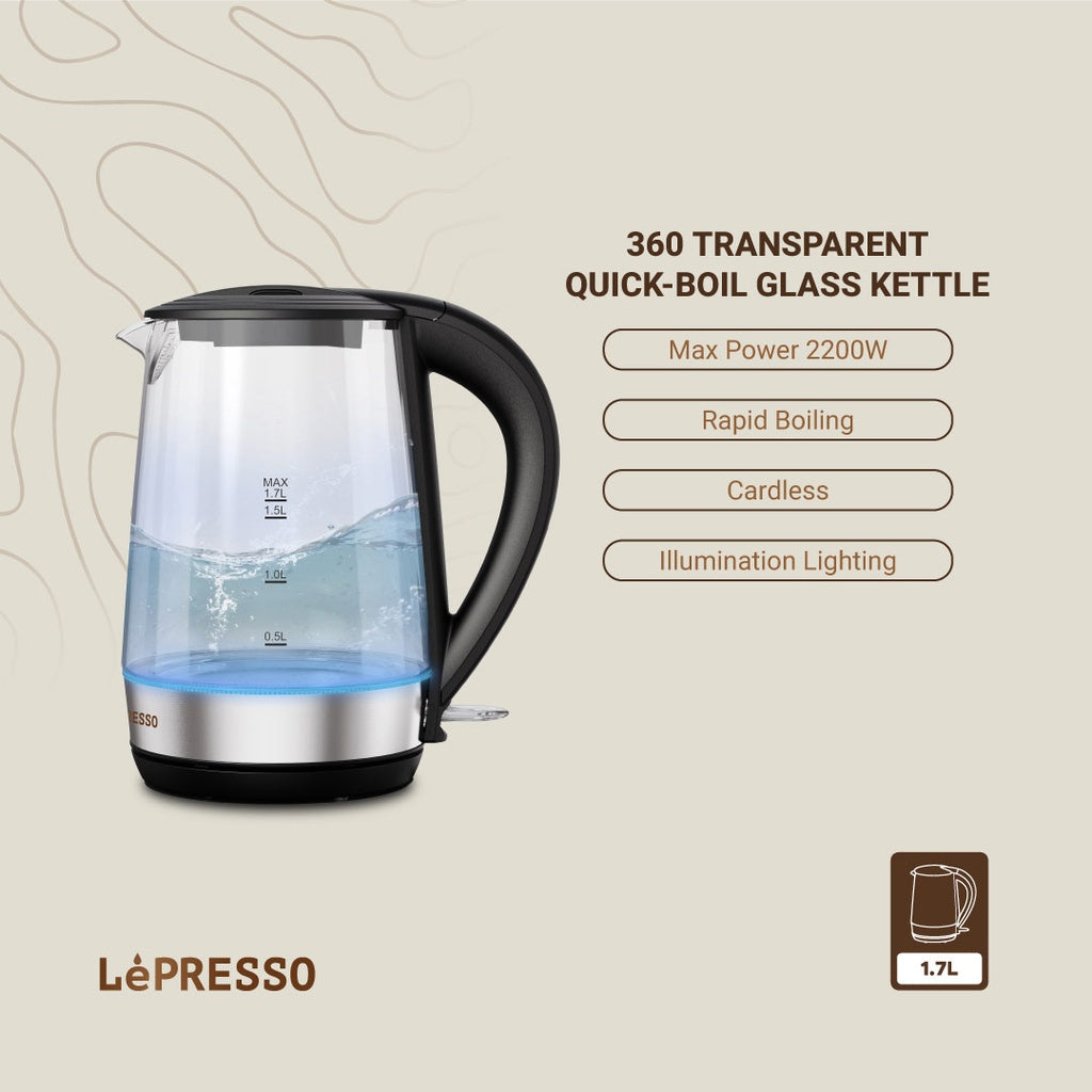 غلاية LePRESSO 360 الزجاجية الشفافة سريعة الغليان