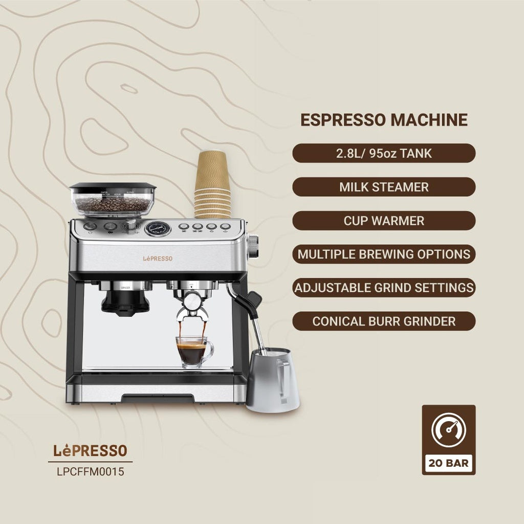 ماكينة تحضير الإسبريسو المتقدمة من Lepresso مع مقياس ضغط - فضي 