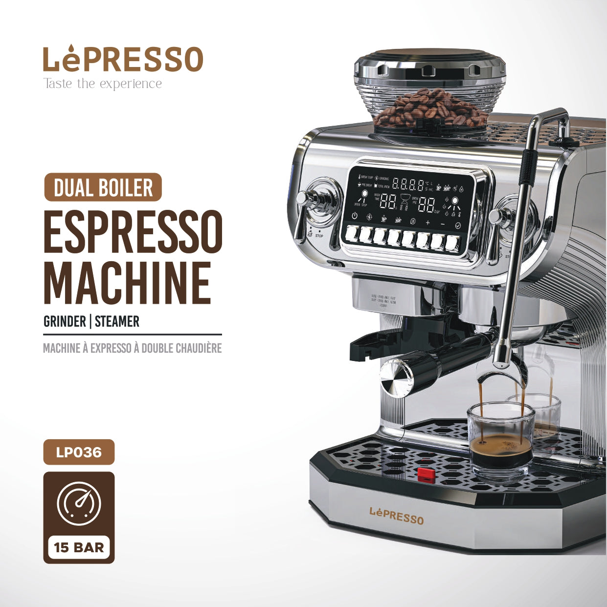 مطحنة حبوب قهوة الإسبريسو من LePresso مع غلاية مزدوجة 15 بار ومقبض 58 مم 